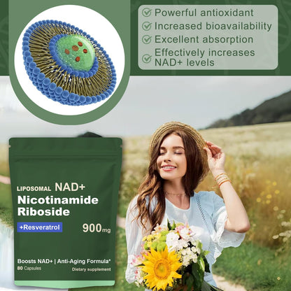 Quackiki NAD Resveratrol Supplement with NAD Nicotinamide Riboside Resveratrol 900 MG, Boost NAD+ for Cellular Health, Anti-Aging, Energy, Focus - 80 Capsules(2Pcs) QuackikiBuy Supplements Australia