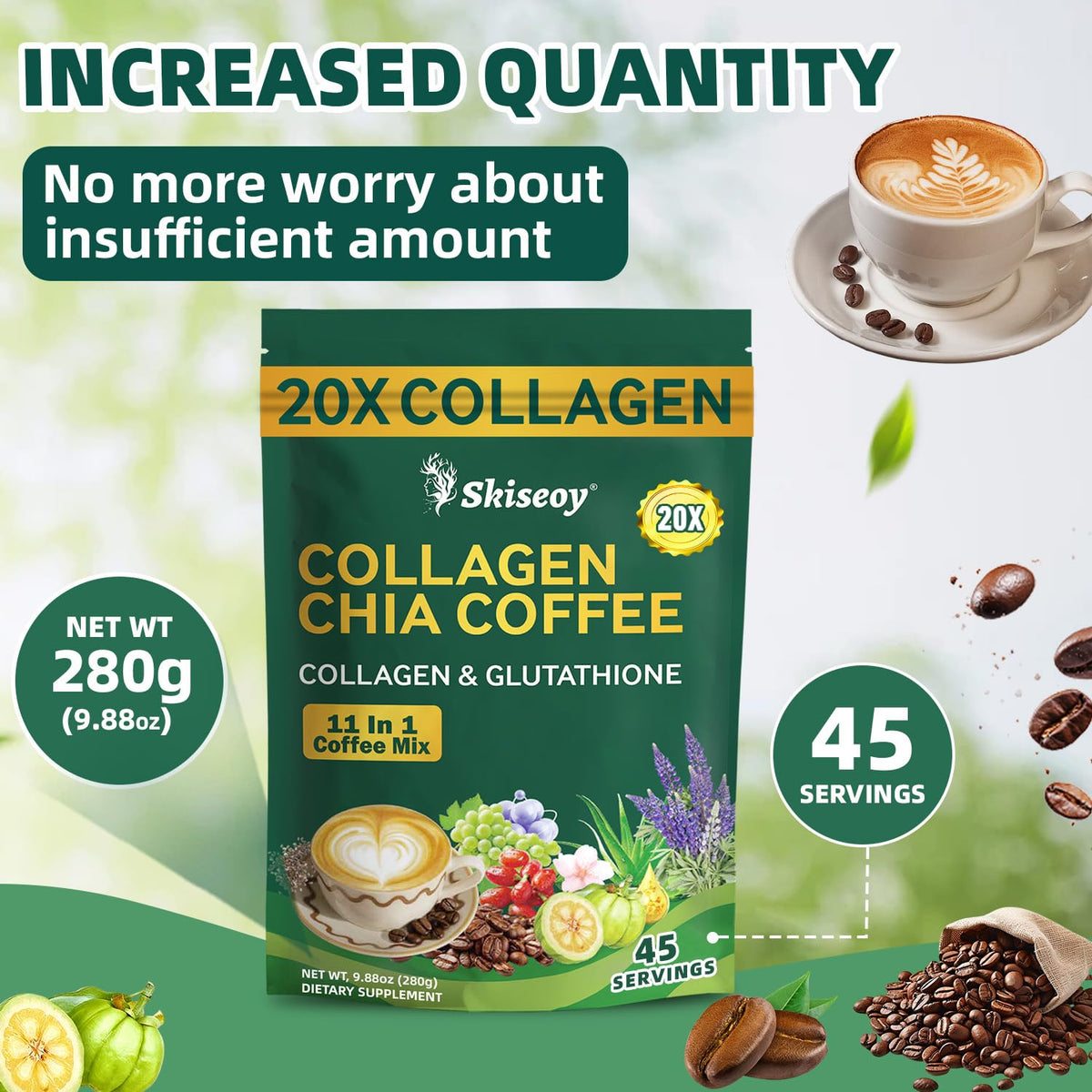 Skiseoy 20x Collagen Chia Coffee - 11-in-1 Coffee Shape Mix with L-Glutathione for Skin, Hair, Joints - Boost Energy and Focus, Vegan Friendly, 45 Servings SkiseoyBuy Supplements Australia