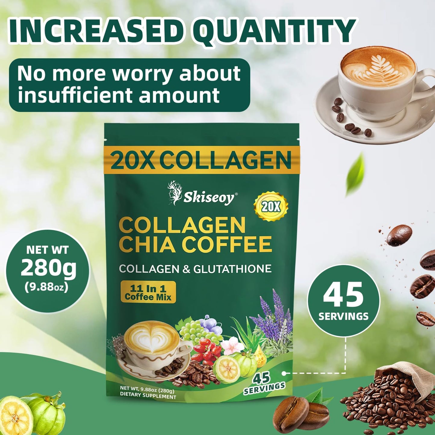 Skiseoy 20x Collagen Chia Coffee - 11-in-1 Coffee Shape Mix with L-Glutathione for Skin, Hair, Joints - Boost Energy and Focus, Vegan Friendly, 45 Servings SkiseoyBuy Supplements Australia