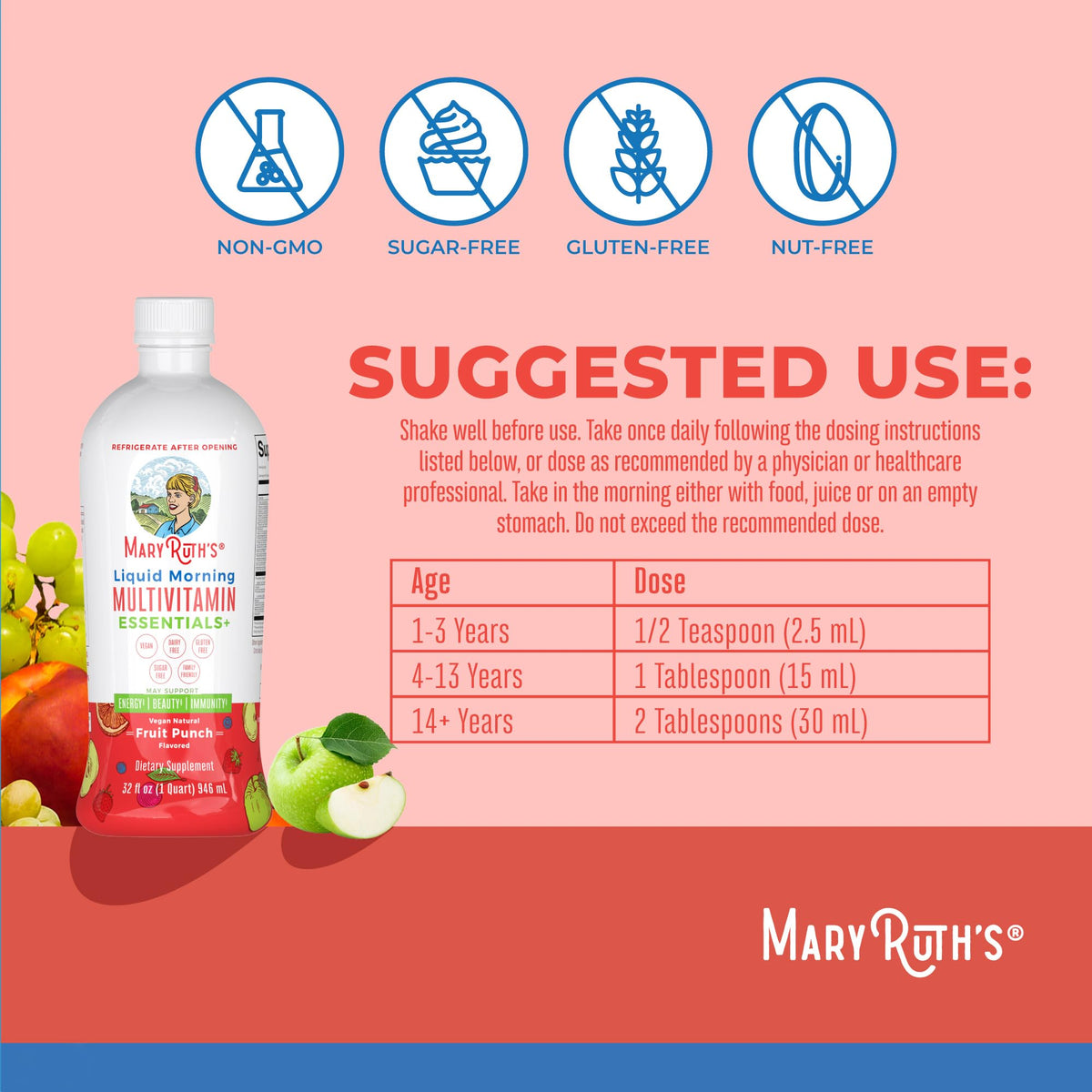 MaryRuth Organics Liquid Morning Multivitamin Essentials+ | Vitamin A C D E B6 B12 Biotin Zinc, Mens Womens Multivitamin, Immune Support, Beauty | Sugar Free | Vitamins for Ages 1+ | Vegan | 32 Fl Oz MARYRUTH'SBuy Supplements Australia