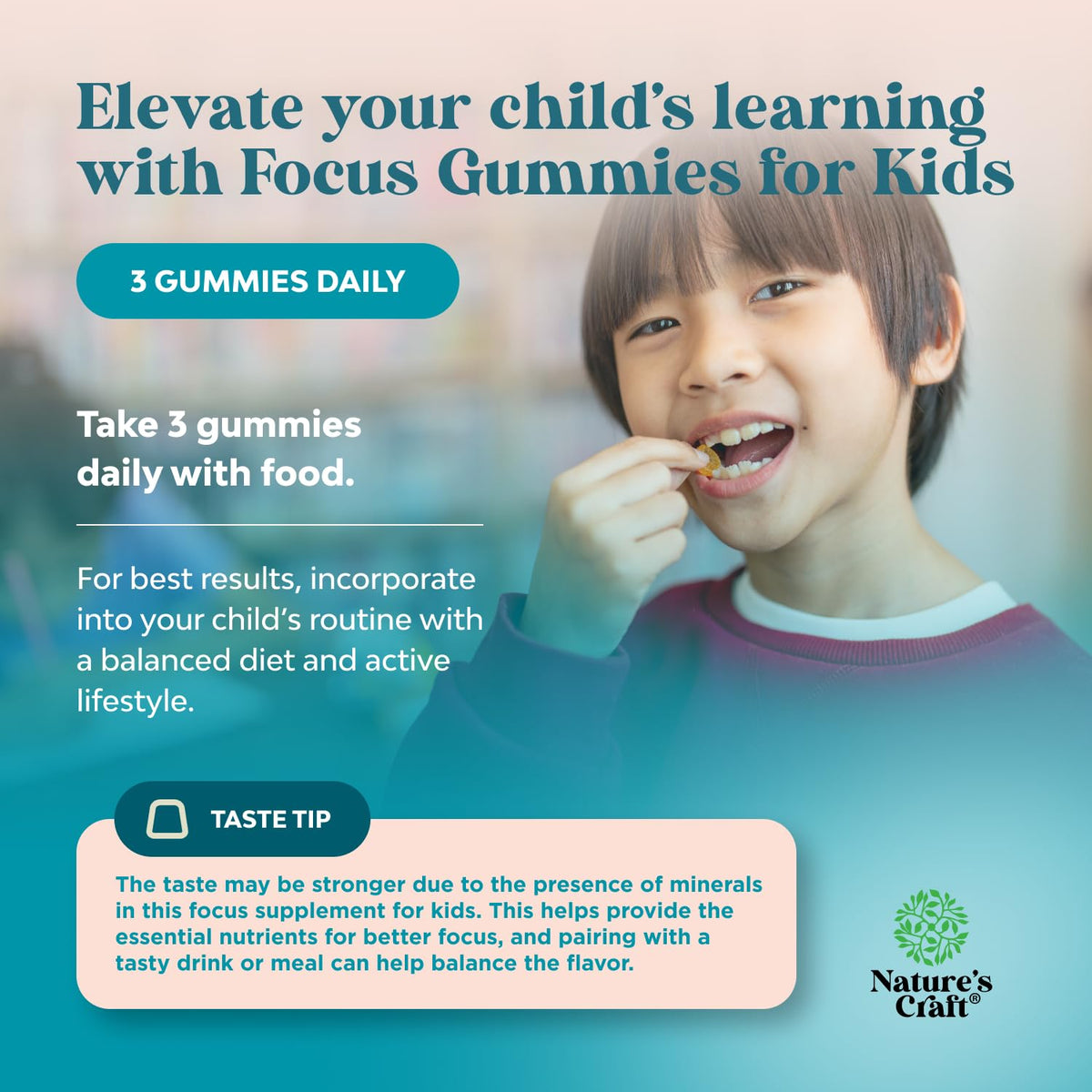 Kids Focus Gummies - Nootropics Brain Support Supplement for Kids with Green Tea Extract, B6 & B12 Vitamins for Memory and Brain Focus - Herbal Concentration Chews for Children - 90 Count Natures CraftBuy Supplements Australia