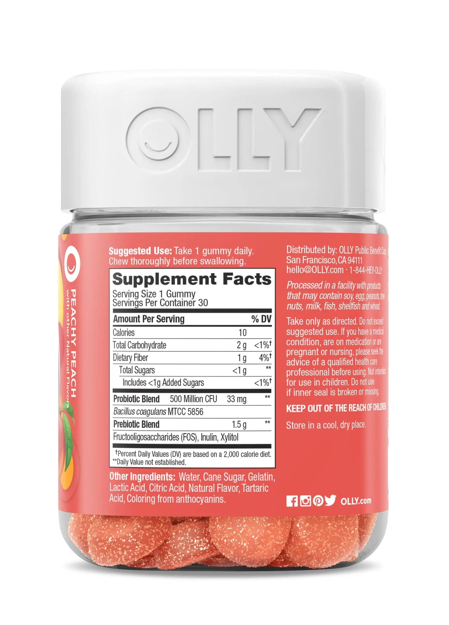 OLLY Probiotic + Prebiotic Gummy, Digestive Support and Gut Health, 500 Million CFUs, Fiber, Adult Chewable Supplement for Men and Women, Peach, 30 Day Supply - 30 Count OLLYBuy Supplements Australia