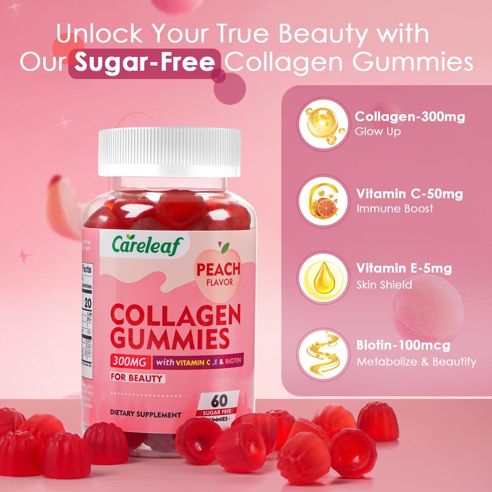 careleaf Sugar Free Collagen Gummies with Vitamin C Vitamin E Support Natural Collagen Production, Healthy Hair, Nails and Bones,Peach Flavor,60 Gummies for 30 Days Supply careleaf buy supplements Au