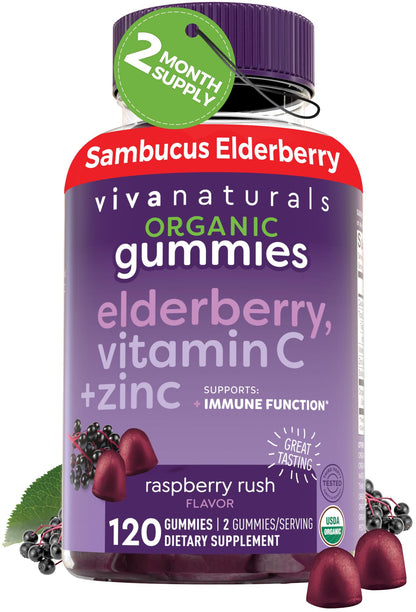Viva Naturals Sambucus Elderberry Gummies for Adults - 150mg Black Elderberry Vitamin C and Zinc, 3-in-1 Daily Immune Support Gummies, Raspberry Rush Flavor
