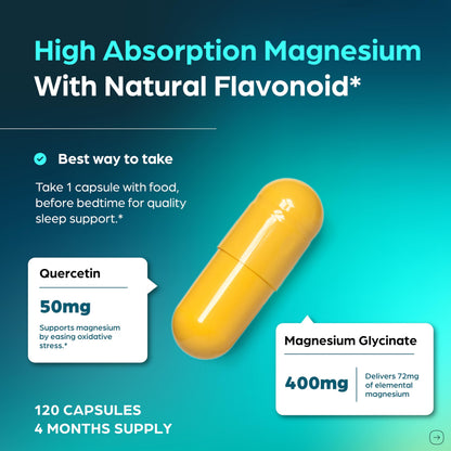 Magnesium Glycinate 400mg High Absorption Capsules with Quercetin | Quality Sleep, Relaxation & Muscle Health Supplement for Women and Men | Chelated Magnesium 120 Count Sandhu's canada supplements