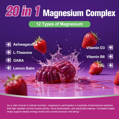 Migcopat Magnesium Complex Gummies, 20 in 1 Magnesium Gummy with Glycinate Citrate Malate Taurate - Ashwagandha, L-Theanine, D3&Zinc for Relaxation,