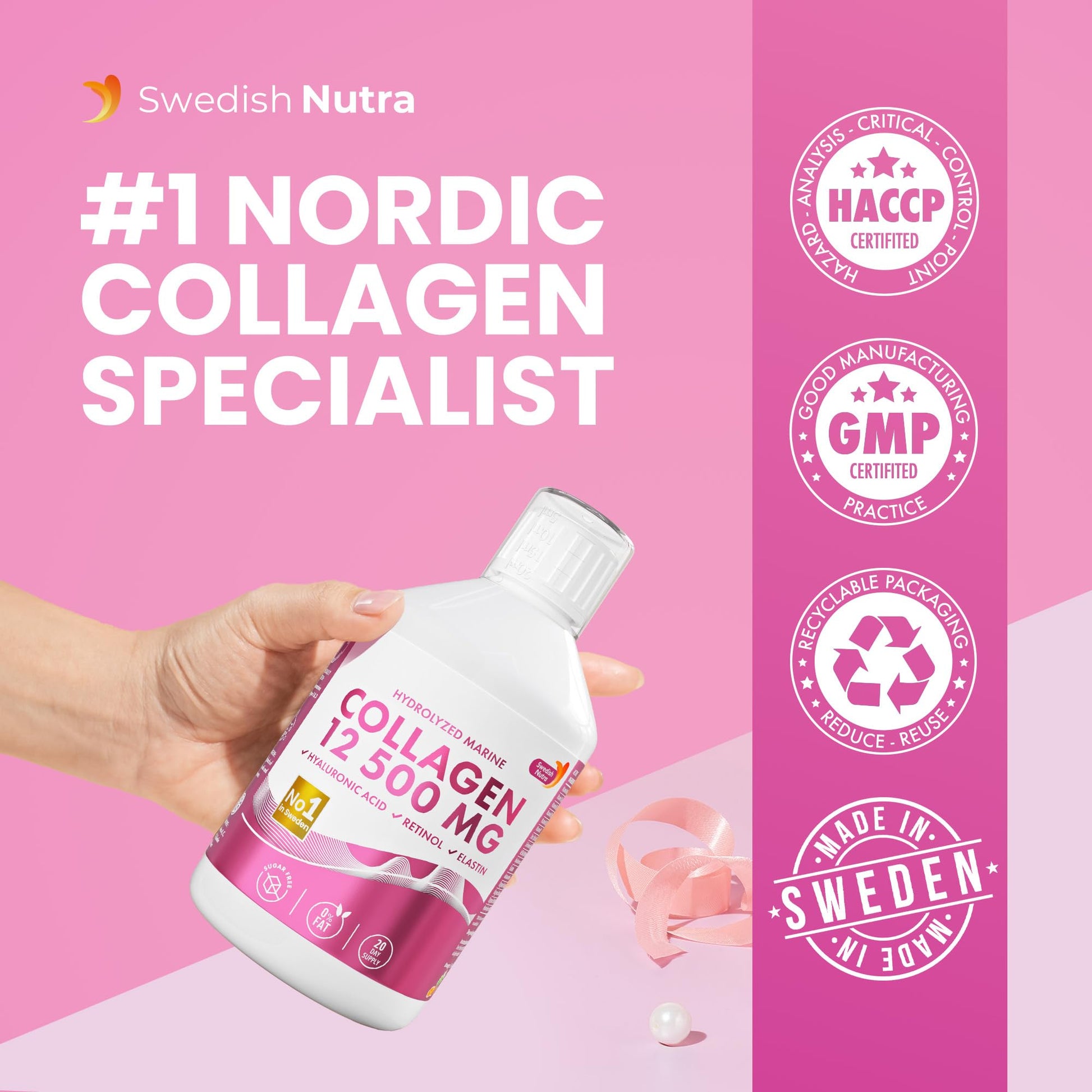 Swedish Nutra 12,500mg Liquid Marine Collagen Hydrolyzed Peptide (Type 1 & 3) | 20 Day Supply, 500 ml | Hyaluronic Acid, Biotin & Vitamins for Hair, Skin, Nails & Joints | For Men & Women | Sugar Free Swedish Nutra buy supplements Au