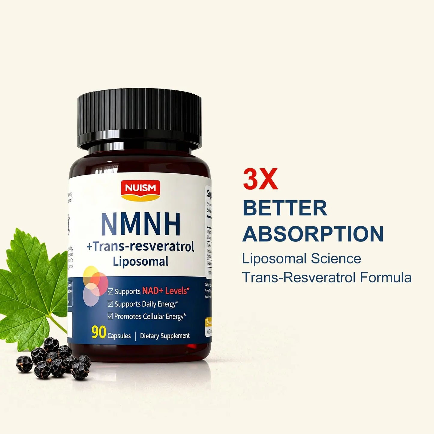 NUISM NMNH NAD+ Supplement, Liposomal 600mg NMN NAD+ and Resveratrol Complex for Cellular Energy, Healthy Aging & Metabolic Support, 90 Capsules NUISMBuy Supplements Australia