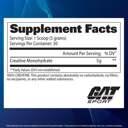 GAT SPORT Creatine Monohydrate Powder, 150 Grams, Strength, Brain Health, GLP1 Support Anti-oxidant, Endurance, for Men & Women, 1 Month Supply, Unflavored (30 Servings) GAT SPORTBuy Supplements Australia