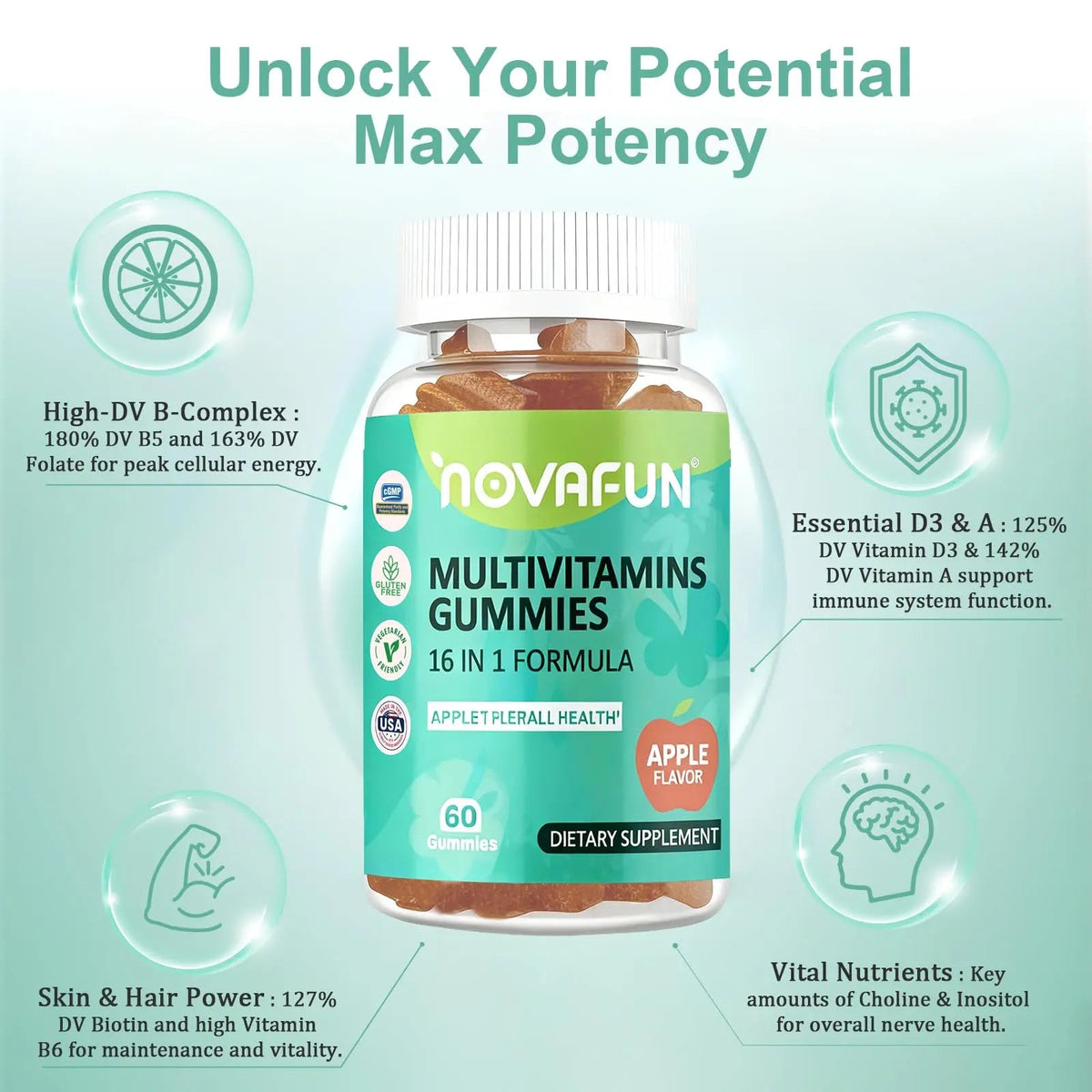 Novafun Multivitamin Gummies,16-in-1 Multi Vitamin Supplements for Women, Men & Kids, Essential Vitamins & Minerals Novafun