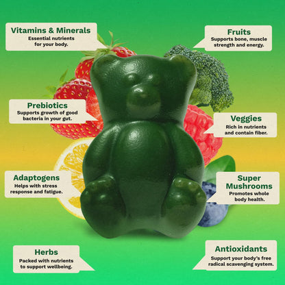Gruns Adults Super Greens Gummies, Multivitamin Superfood Gummy Bears, Spirulina, Chlorella, Prebiotics & Fiber Gummies for Digestive Health GrünsBuy Supplements Australia