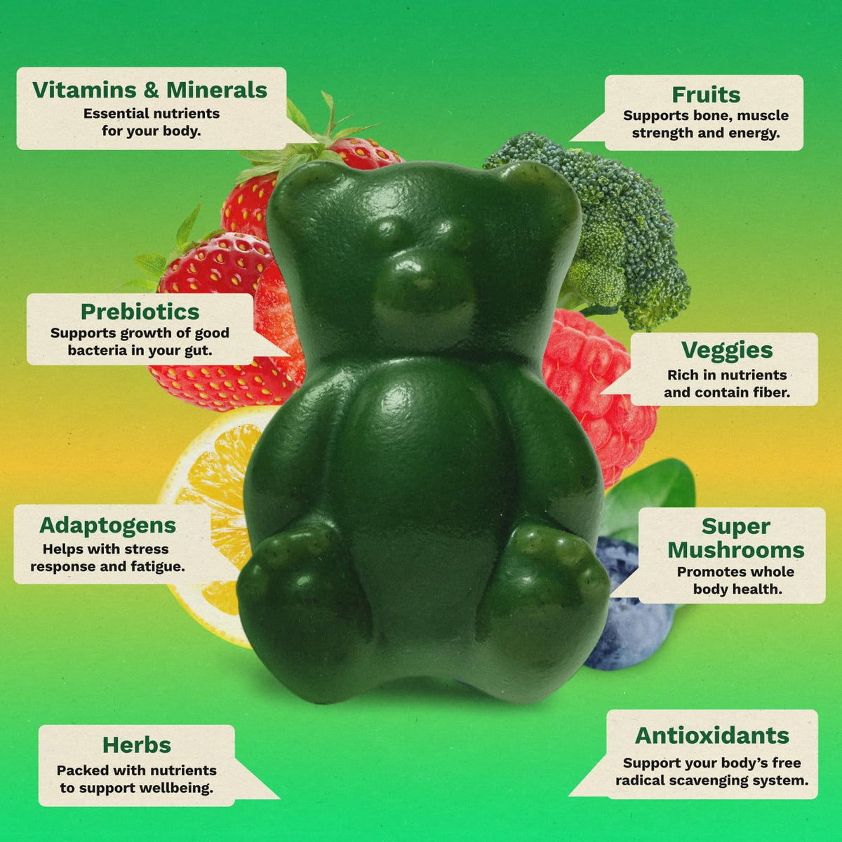 Gruns Adult Super Greens Multivitamin Gummies, Superfood Gummy Vitamins for Women and Men with Spirulina, Chlorella