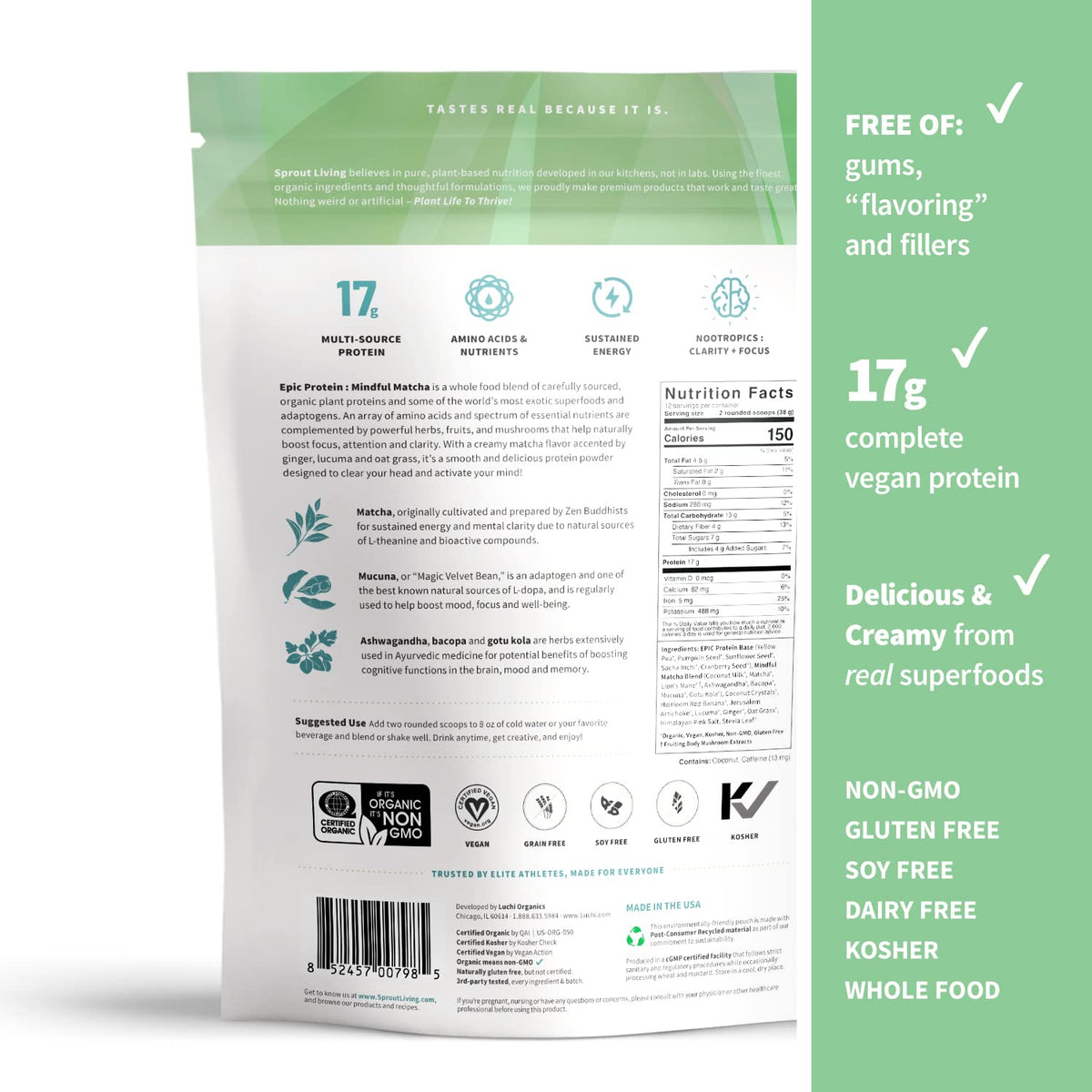 Sprout Living Epic Protein, Plant Based Protein & Superfoods Powder, Mindful Matcha Sprout LivingBuy Supplements Australia