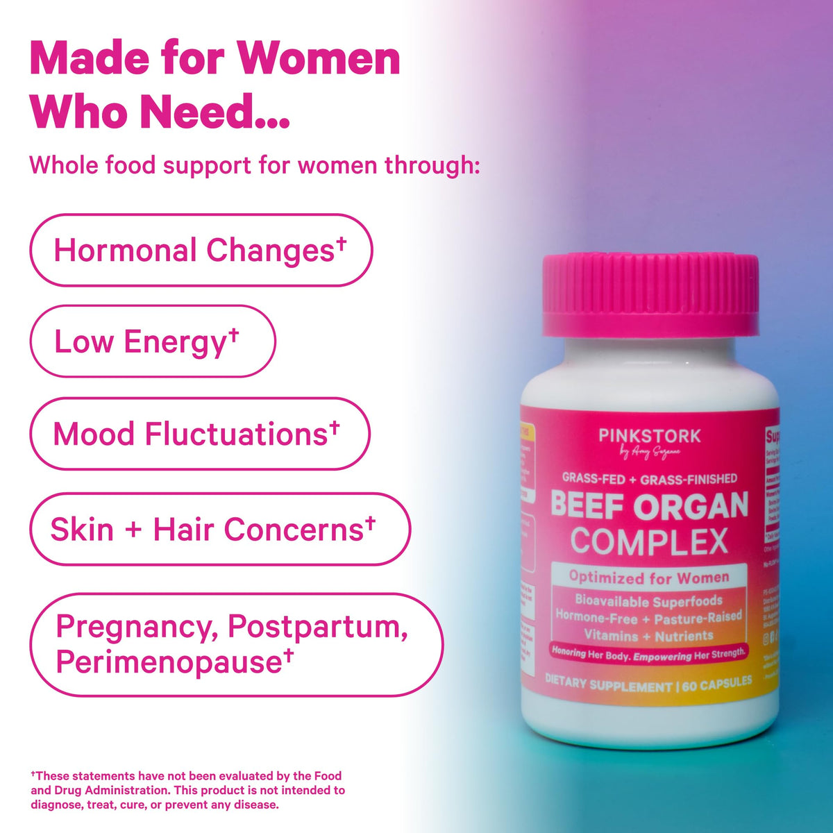 Pink Stork Beef Organ Supplement for Women | Grass-Fed Beef Liver Capsules with Iron, B12, CoQ10, Vitamin A | Primal Multivitamin for Female Hormone + Energy Support | 60 Capsules Pink StorkBuy Supplements Australia