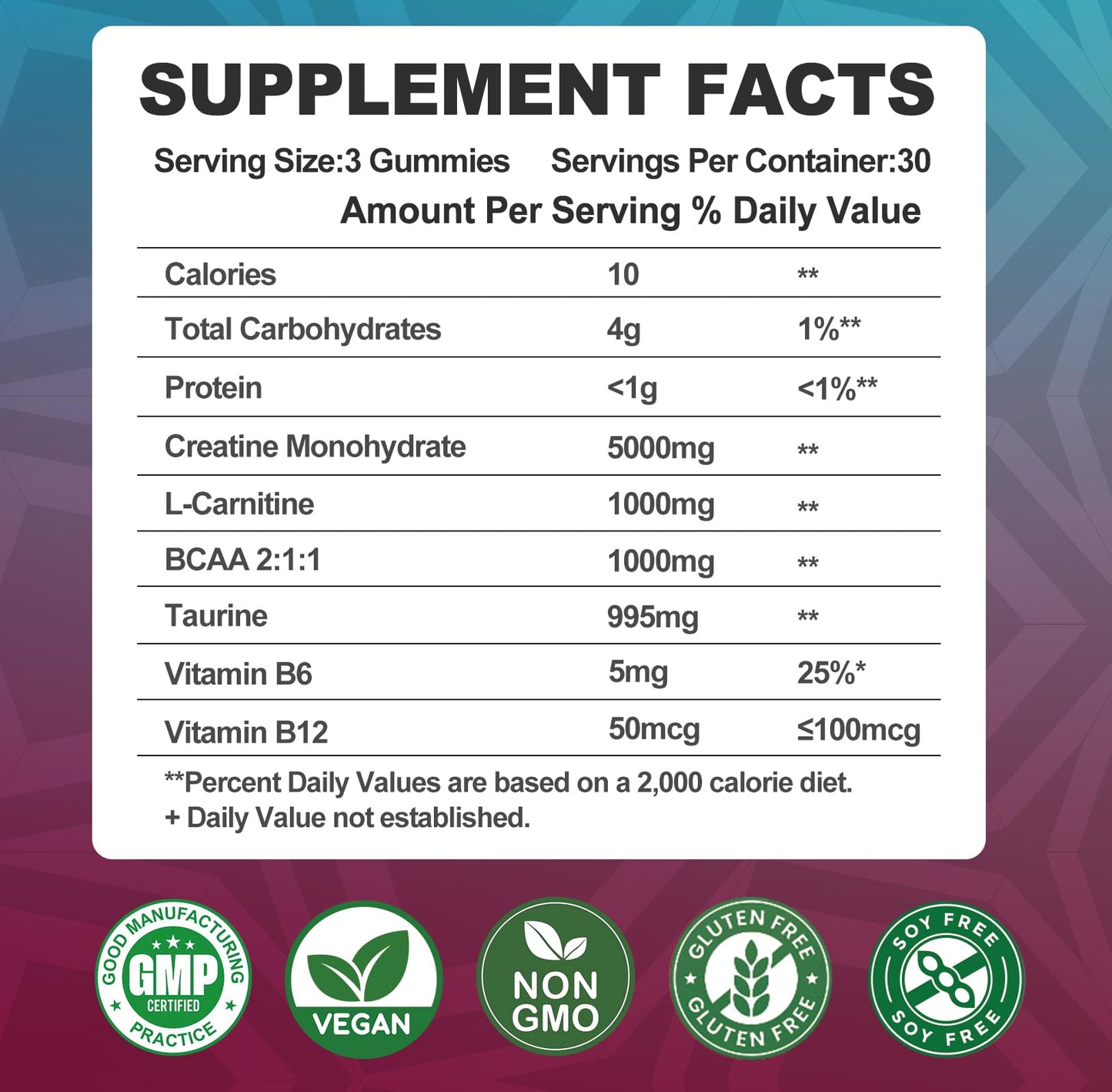 Creatine Monohydrate 8000mg Gummies with BCAA, L-Carnitine, Taurine & Vitamin B12 - Pre Workout Supplement for Muscle Growth, Strength & Energy, Multi-Flavor Chewable Gummies,
