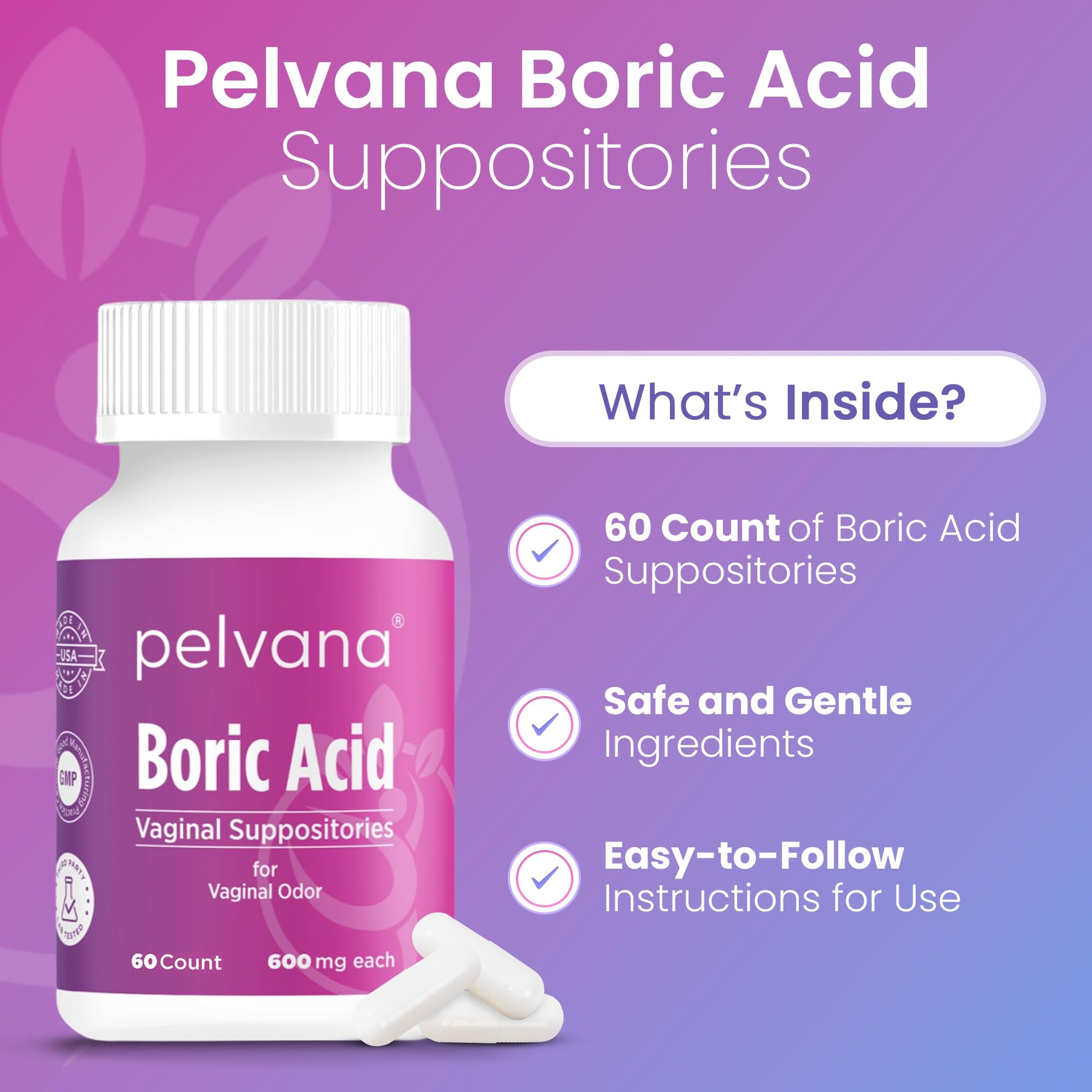 Pelvana Boric Acid Suppositories for Women - 60 Count - 600mg Boric Acid Capsules for Vaginal Odor Use PelvanaBuy Supplements Australia