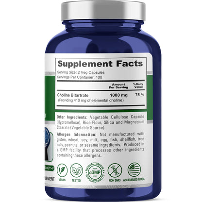 NusaPure Choline Bitartrate - Suitable for Vegetarian/Vegan, Non - GMO - 1000 mg 200 Capsules NusaPureBuy Supplements Australia