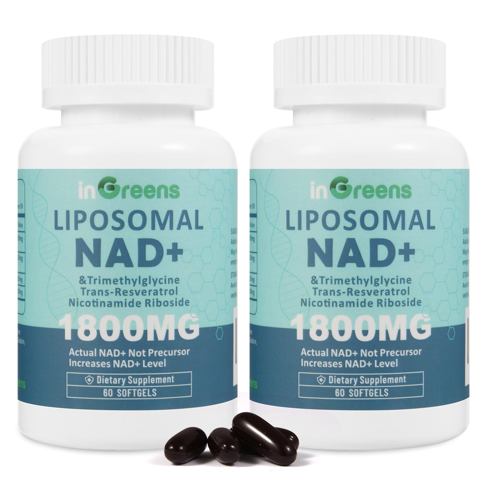 Two bottles of inGreens Liposomal NAD+ dietary supplements on a white background