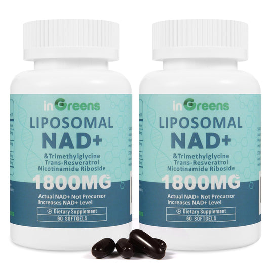 Two bottles of inGreens Liposomal NAD+ dietary supplements on a white background