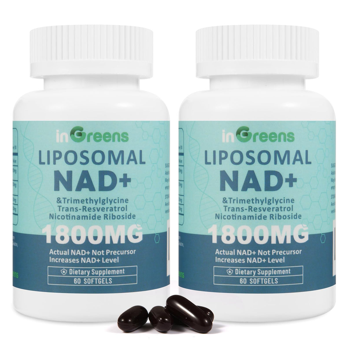 Two bottles of inGreens Liposomal NAD+ dietary supplements on a white background