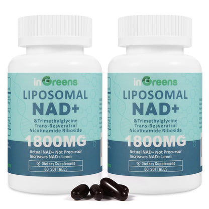 Two bottles of inGreens Liposomal NAD+ dietary supplements on a white background