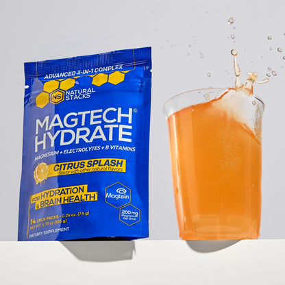 MagTech Magnesium Hydrate Packets - Sugar Free Hydration Powder - Magtein Magnesium L-Threonate, Glycinate & Taurate - 200mg Chelated Triple Complex - Supports Hydration & Brain Health* - 14 Servings NATURAL STACKSBuy Supplements Australia