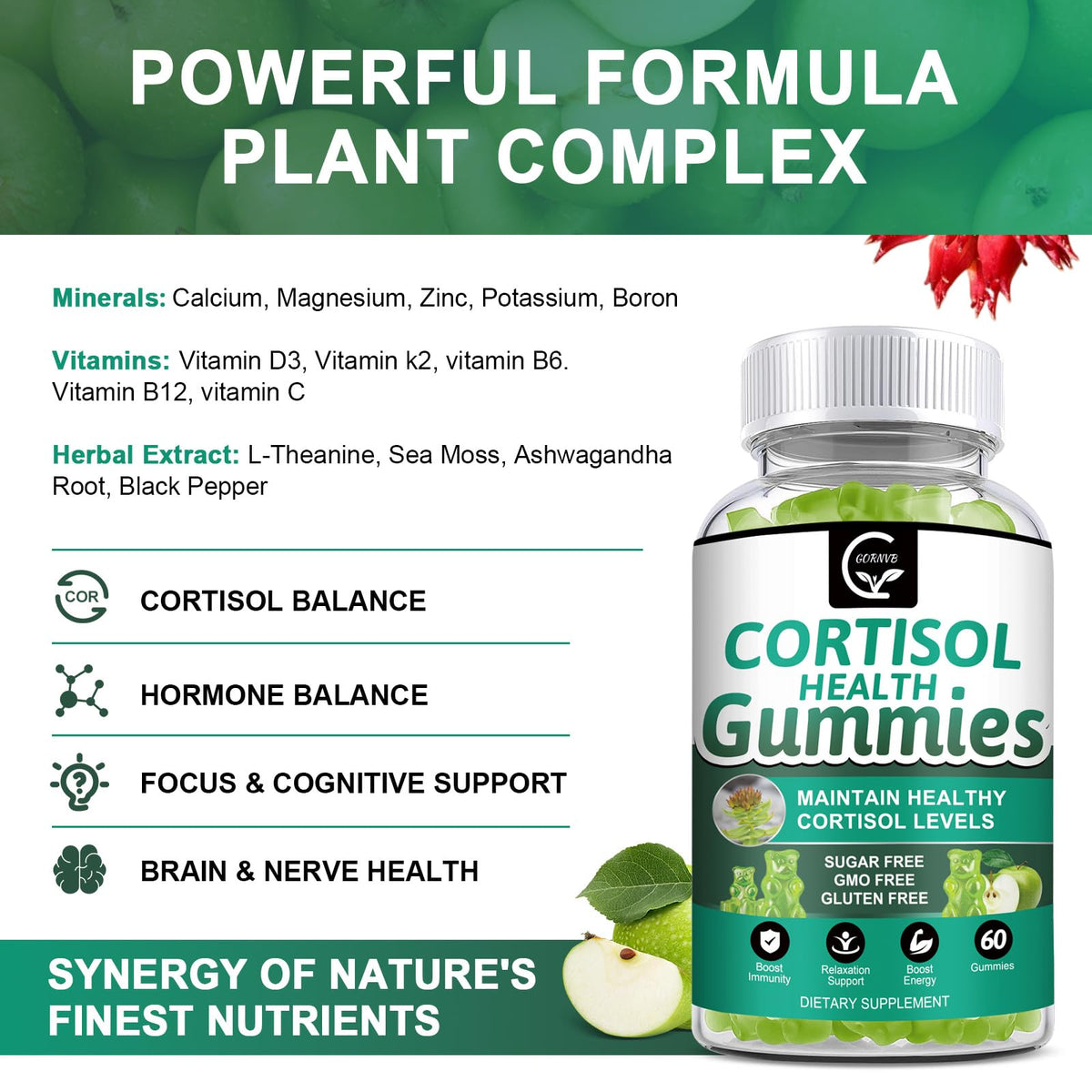 GORNVB Cortisol Gummies, Cortisol Supplement for Women with Magnesium, Ashwagandha, Rhodiola, Phosphatidylserine, L-Theanine, Black Pepper, Vitamin C & B6 - Relaxation, Focus, Sleep Support - 2 Pack GORNVBBuy Supplements Australia