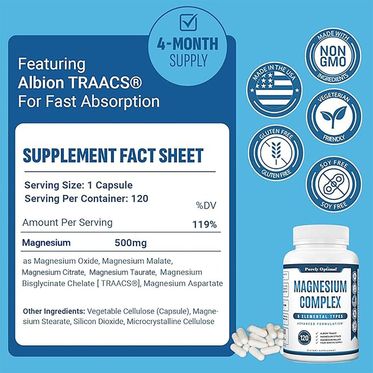 Purely Optimal Magnesium Complex - 6 Forms Magnesium Glycinate, Citrate & Malate - Sleep Support, Stress Relief, Muscles, Heart Health & Relaxation
