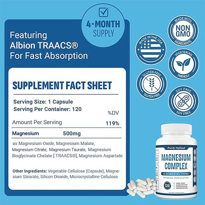 Purely Optimal Magnesium Complex - 6 Forms Magnesium Glycinate, Citrate & Malate - Sleep Support, Stress Relief, Muscles, Heart Health & Relaxation