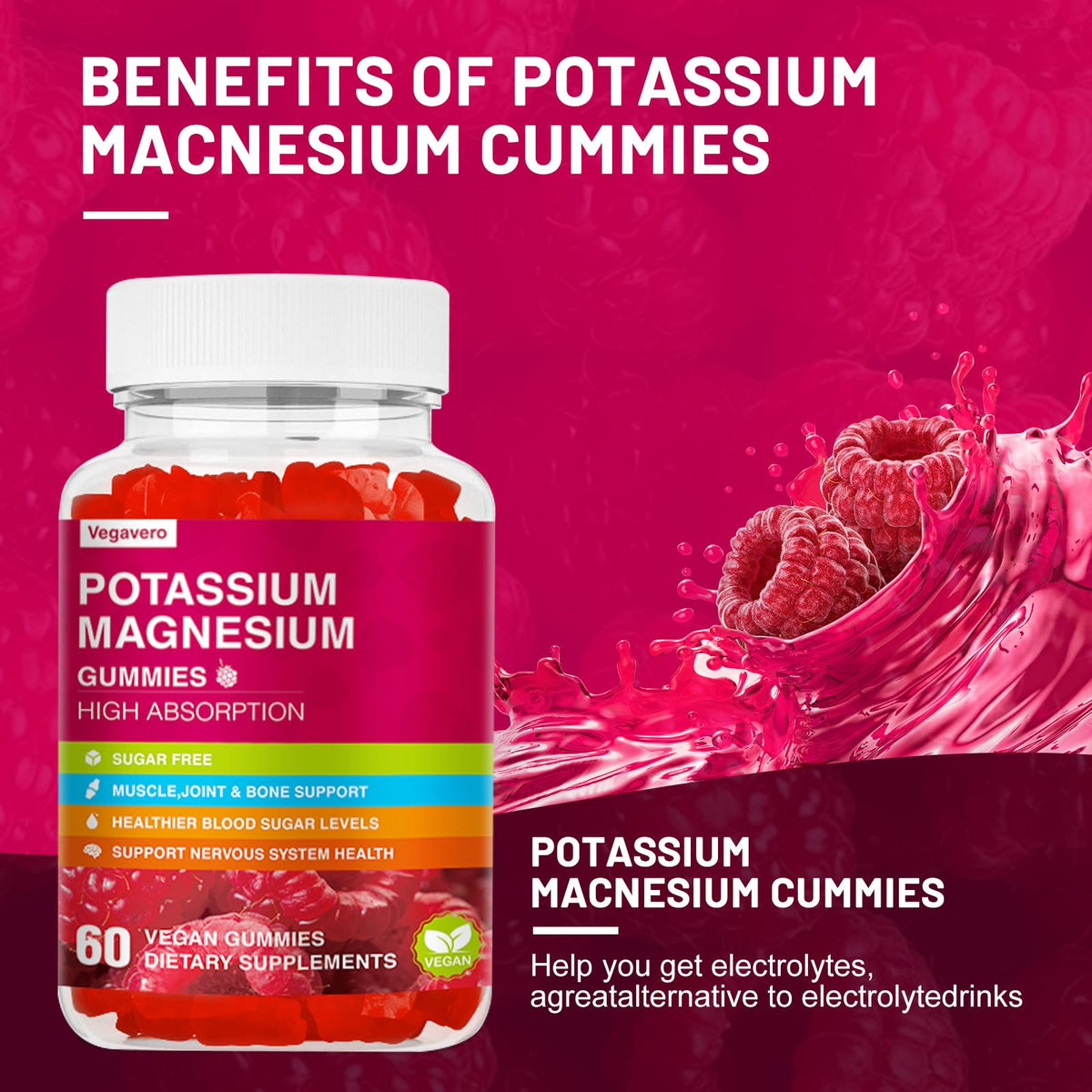 Potassium Magnesium Gummies - High Absorption Magnesium Glycinate & Potassium Citrate Plus Coenzyme Q10, DHA, D3, Mineral & Calcium for Zzz, Leg Cramps & Muscle - 60 Raspberry Gummies VegaveroBuy Supplements Australia