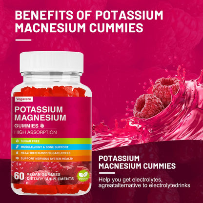 Potassium Magnesium Gummies - High Absorption Magnesium Glycinate & Potassium Citrate Plus Coenzyme Q10, DHA, D3, Mineral & Calcium for Zzz, Leg Cramps & Muscle - 60 Raspberry Gummies VegaveroBuy Supplements Australia