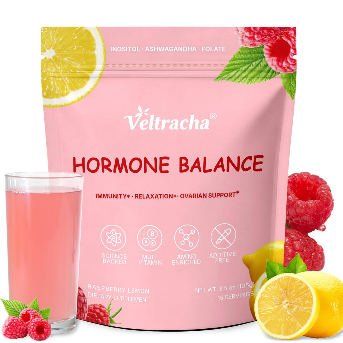 Veltracha Hormone Balance for Women, Myo & D-Chiro Inositol Powder with Folate & Amino Acid & Ashwagandha - Ovarian Support, Mood Regulation & PMS Relief, Raspberry Lemon, 15 Servings VeltrachaBuy Supplements Australia
