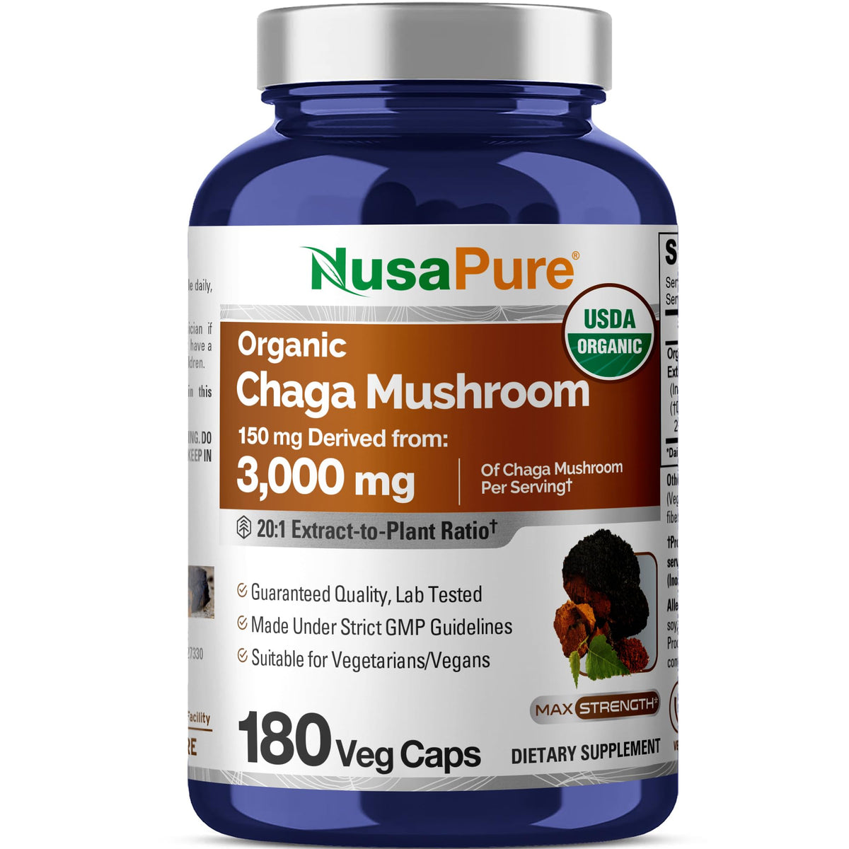 NusaPure Chaga Mushroom 20:1 Extract, 150 mg Equivalent to 3,000mg per Veggie Capsule, 180 Count, USDA Organic, Vegan, Non-GMO NusaPureBuy Supplements Australia