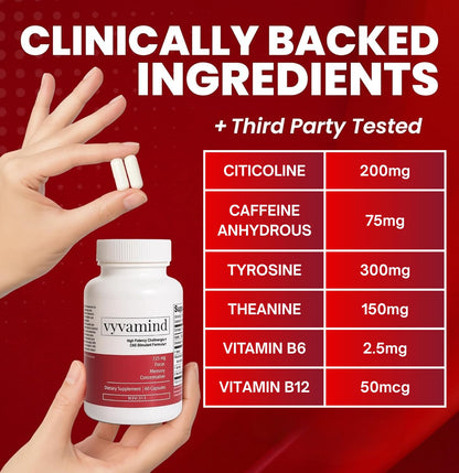 vyvamind Neurostimulant + Focus Aid Nootropic for Enhanced Concentration & Mental Clarity, Brain Support with Caffeine L-Theanine, Fast-Acting Cognitive Boost, 60 Capsules vyvamind Neurostimulant + Focus AidBuy Supplements Australia