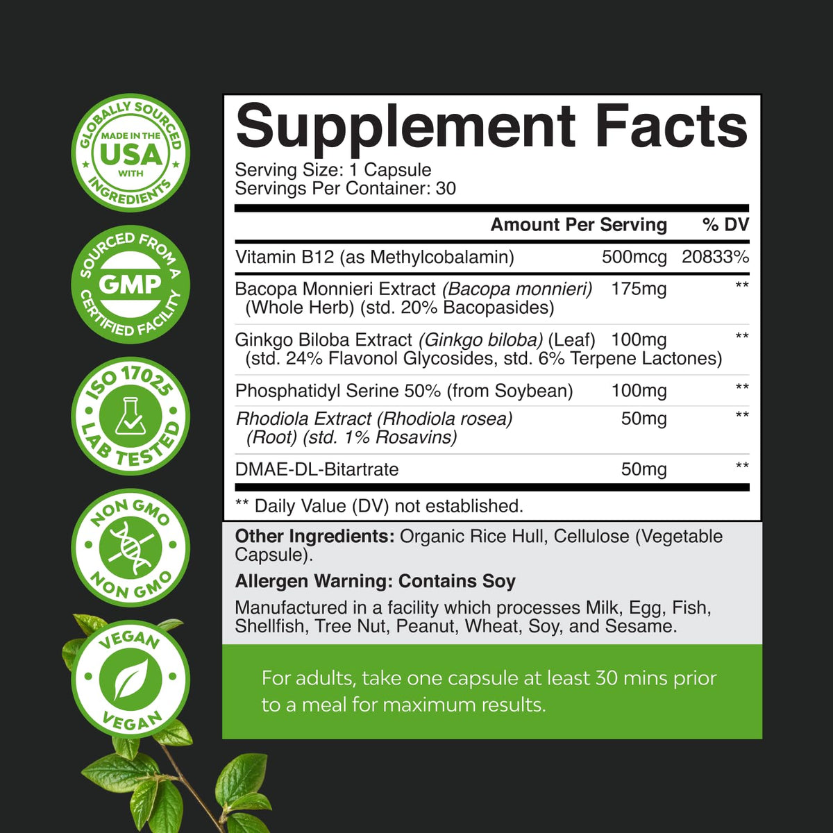 Nootropic Memory Supplement for Brain Support - Memory Pills for Brain Boost and Natural Energy Booster - Vitamin B 12 Bacopa Monnieri Rhodiola Rosea DMAE Ginkgo Biloba Phosphatidylserine Supplement Natures CraftBuy Supplements Australia
