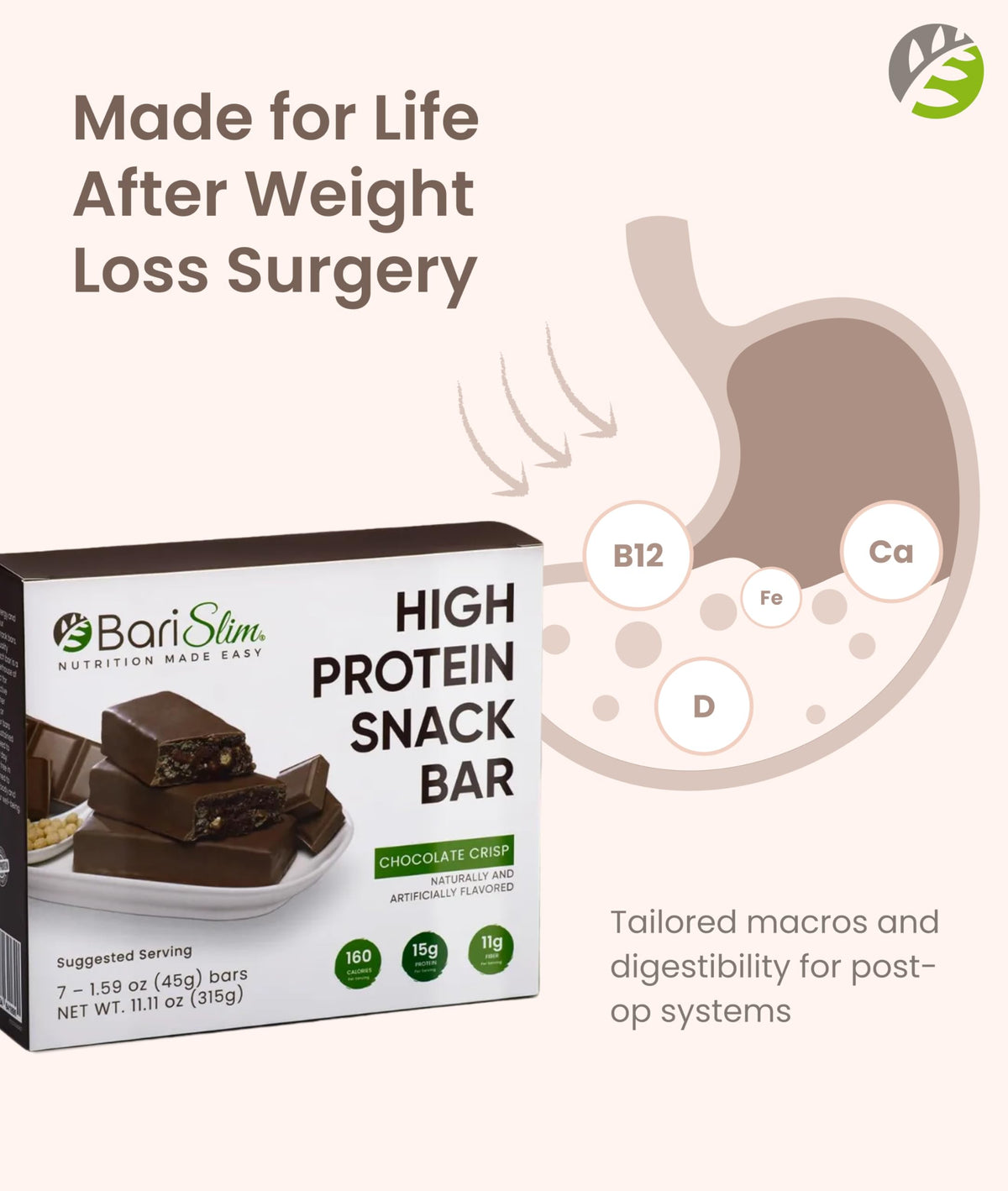 BariSlim High Protein Snack Bar for Bariatric Patients - Nutrient Rich Snack for Post-Surgery Wellness - Ideal for Weight Loss Maintenance & Daily Nutrition | Chocolate Crisp Bar (13 oz) BariSlim buy supplements Au