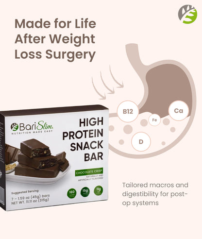 BariSlim High Protein Snack Bar for Bariatric Patients - Nutrient Rich Snack for Post-Surgery Wellness - Ideal for Weight Loss Maintenance & Daily Nutrition | Chocolate Crisp Bar (13 oz) BariSlim buy supplements Au