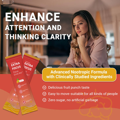 Nootropic Extra Focus Drink Mix, 30 Packs On-The-Go Sticks, Featuring Alpha-GPC, Lion's Mane & Rhodiola, Sugar-Free Packets Fruit Punch Clean Drink Mix CellbiolabsBuy Supplements Australia
