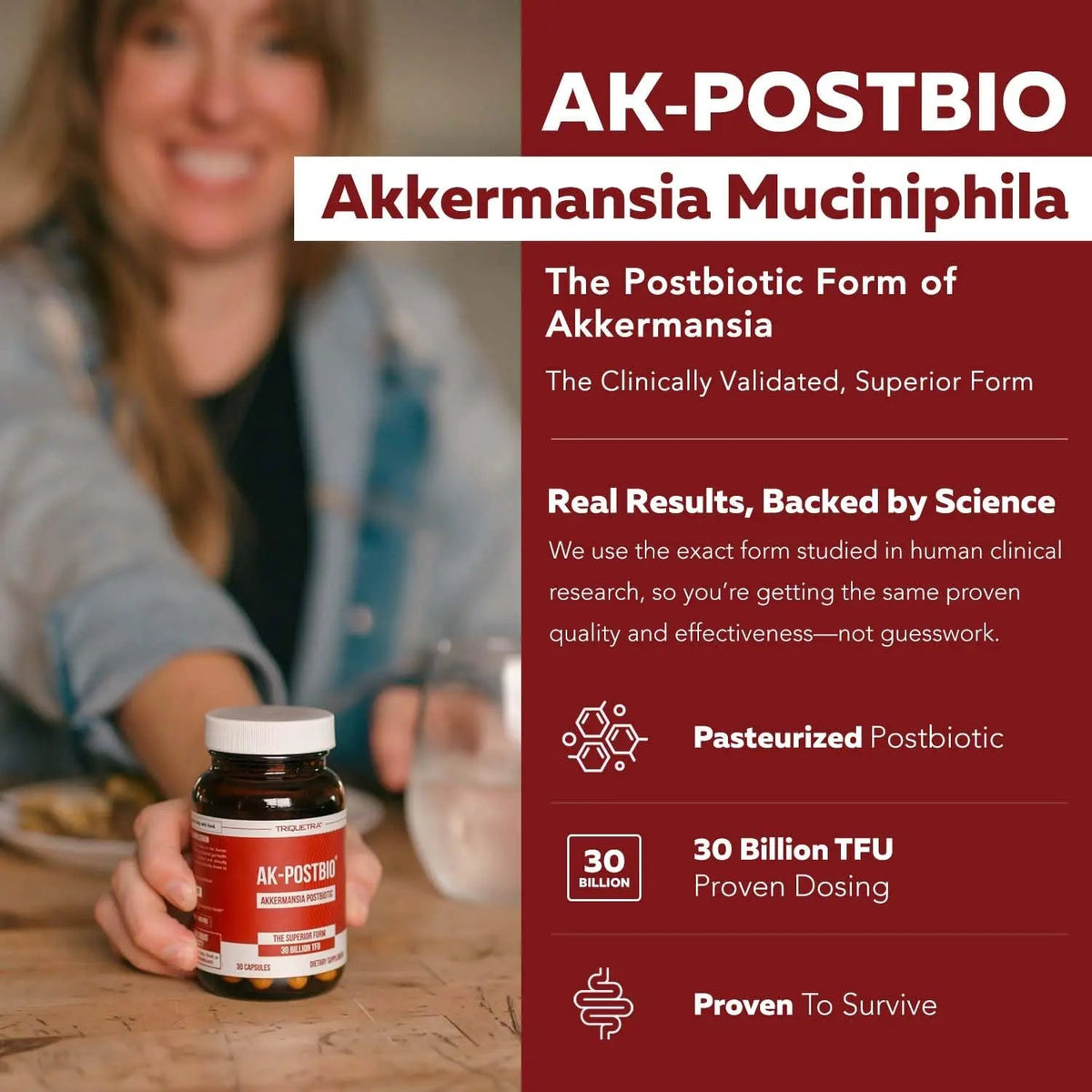 AK-Postbio: Akkermansia Probiotic 30 Billion TFU - Max Strength, Clinically Validated Dose & Patented Strain - Superior Pasteurized Form, Highest Absorption, Delivery - GLP-1 Probiotic - 30 Servings Triquetra HealthBuy Supplements Australia