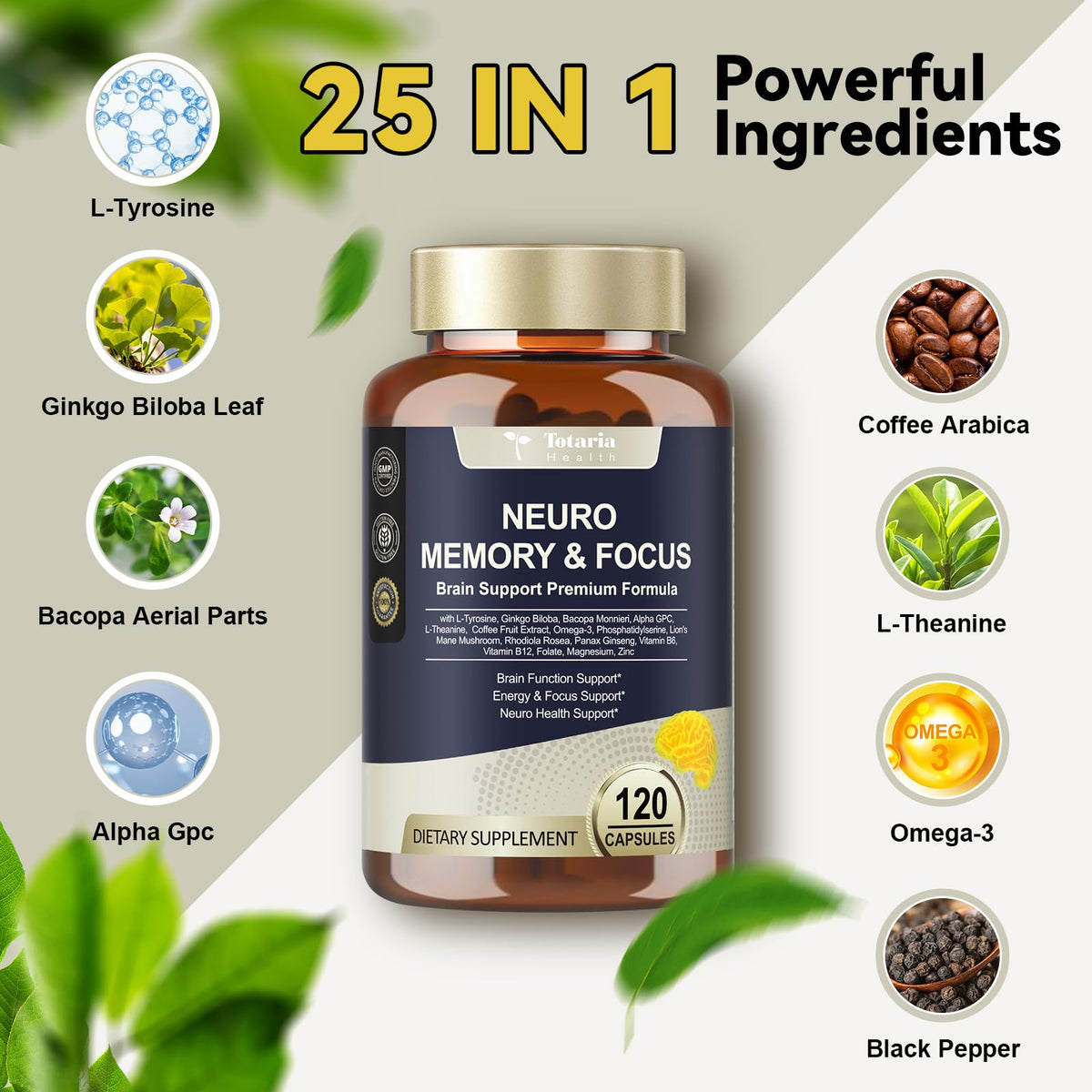 25 in 1 Brain Supplements for Memory and Focus & Neuro Health - Daily Brain Nootropic Cognitive Supplement with L-Tyrosine, Bacopa Monnieri, Ginkgo Biloba, Alpha GPC - Non-GMO, Gluten Free TotariaBuy Supplements Australia