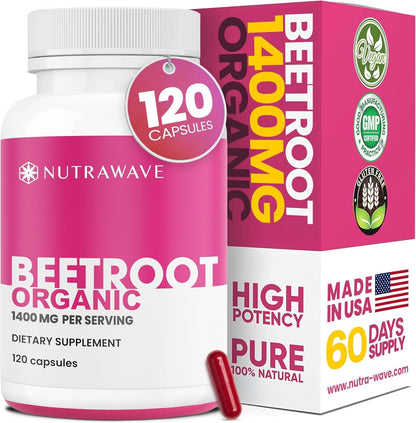 Nutra Wave 1400mg Organic Beet Root Capsules Per Serving – Nitric Oxide Booster for Men – Supports Blood Pressure, Energy, Circulation & Heart Health – Non-GMO, Vegan – 120 Capsules / 60 Day Supply