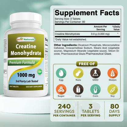 Best Naturals Creatine Monohydrate 1000 mg 240 Tablets Best NaturalsBuy Supplements Australia