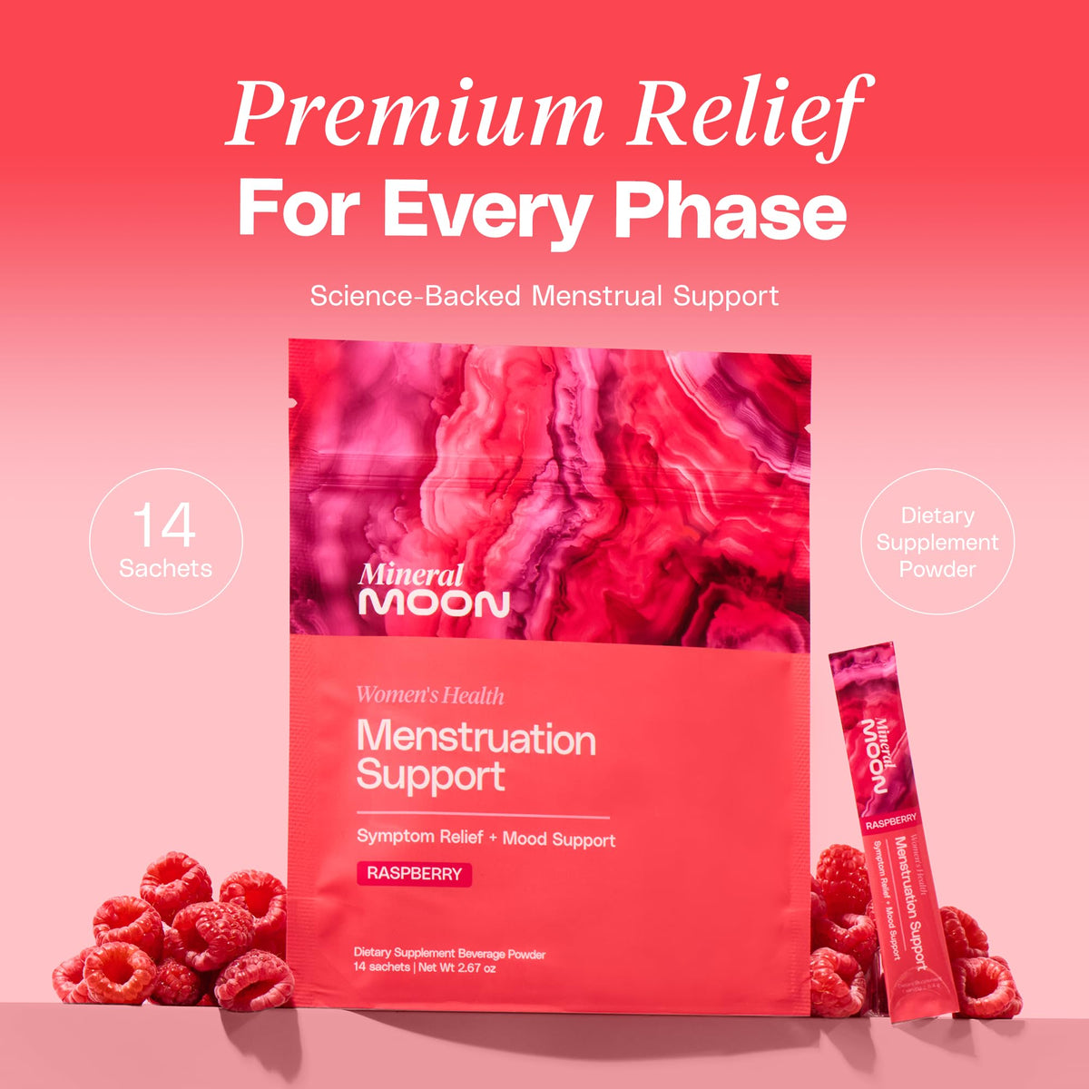 Mineral Moon Premium Menstruation Support - 14 Sachets Raspberry Drink - Hormonal Balance & PMS Support - Reduce Period Cramps, Fatigue & Nausea -with Magnesium Bisglycinate, BenfoPure B1 & Vitamin B6 Mineral MoonBuy Supplements Australia