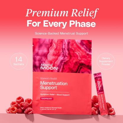 Mineral Moon Premium Menstruation Support - 14 Sachets Raspberry Drink - Hormonal Balance & PMS Support - Reduce Period Cramps, Fatigue & Nausea -with Magnesium Bisglycinate, BenfoPure B1 & Vitamin B6 Mineral MoonBuy Supplements Australia