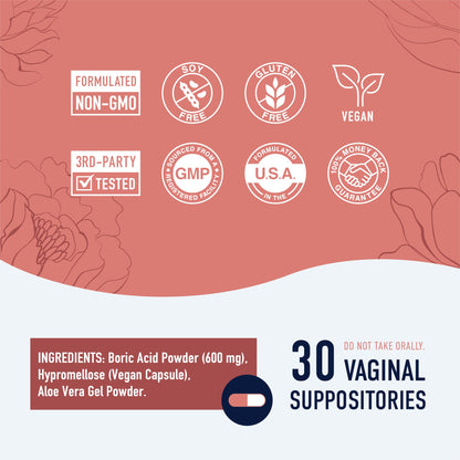 Boric Acid Suppositories for Women | 600mg | for pH Balance, Vaginal Odor & Itching | Feminine Intimate Health SMNutritionBuy Supplements Australia