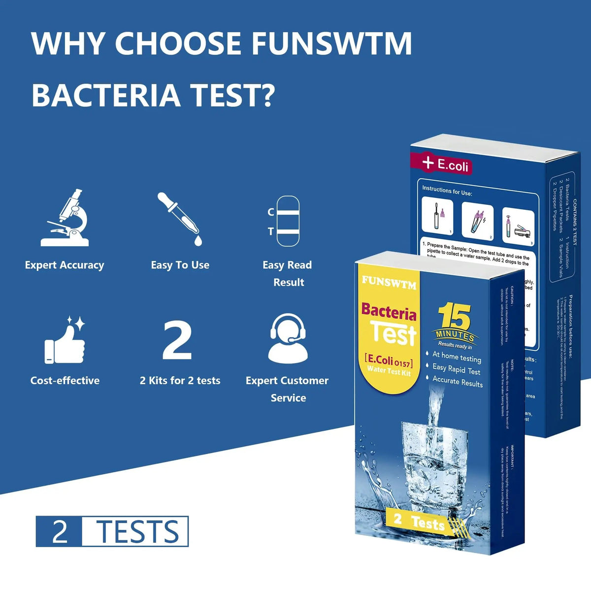 Bacteria Water Test Kit - Results as Fast as 15 MINS -Detects Coliform (Inc. E. coli) & Non-Coliform Bacteria in Drinking, Well Tap & Pool Water – 2 Pack FUNSWTMBuy Supplements Australia