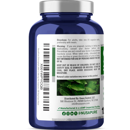 NusaPure Chlorophyll 200:1 Extract, 150 mg Equivalent to 30,000 mg per Capsule 120 Vegetarian Caps (Non-GMO, Vegan) NusaPureBuy Supplements Australia