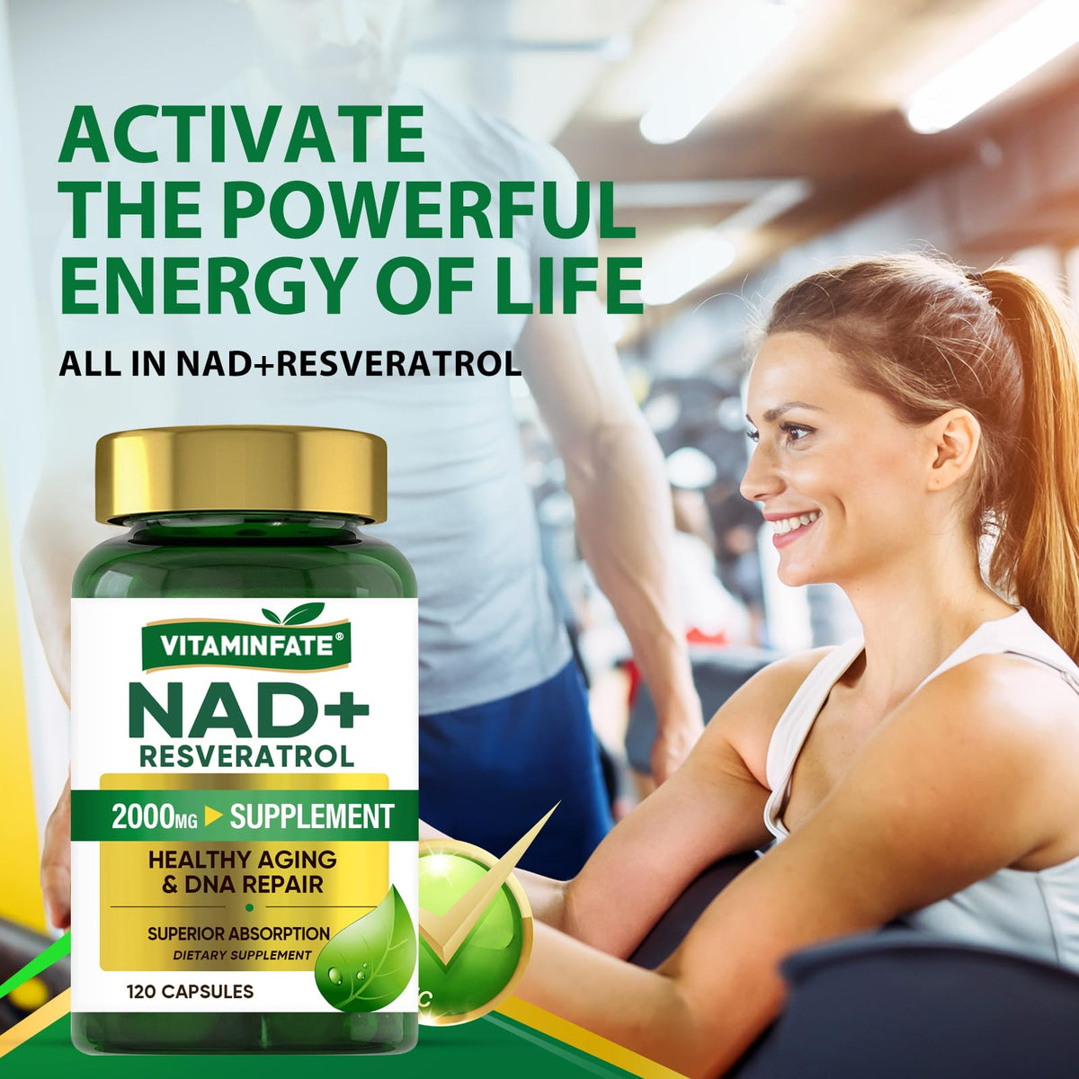VITAMINFATE NAD+ Supplement 2000 mg - 120 Capsules True NAD+ & Resveratrol, NMN Alternative Supports Anti-Aging, Cellular Energy & Repair, Metabolism & Brain Boost for Men & Women VITAMINFATEBuy Supplements Australia
