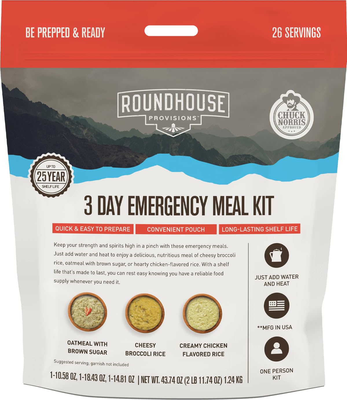 by Chuck Norris Roundhouse Provisions 3 Day, 26 servings Emergency Meal Kit, Grab-and-Go, Premade, Disaster Prep, Hiking, Survival, Adventure, Camping Food, 25 Year Shelf Life. ROUNDHOUSE PROVISIONBuy Supplements Australia