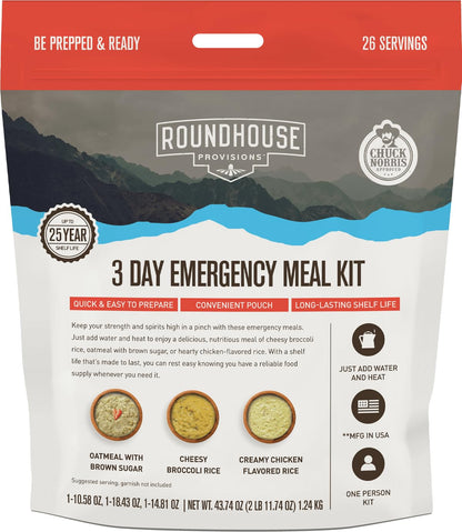 by Chuck Norris Roundhouse Provisions 3 Day, 26 servings Emergency Meal Kit, Grab-and-Go, Premade, Disaster Prep, Hiking, Survival, Adventure, Camping Food, 25 Year Shelf Life. ROUNDHOUSE PROVISIONBuy Supplements Australia